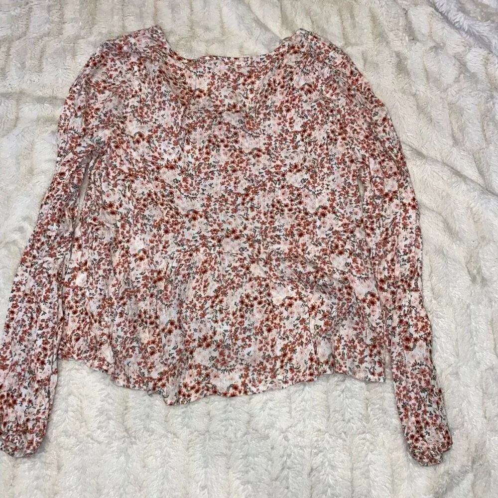 Pink Rose cream floral long sleeve shirt | Sz XS